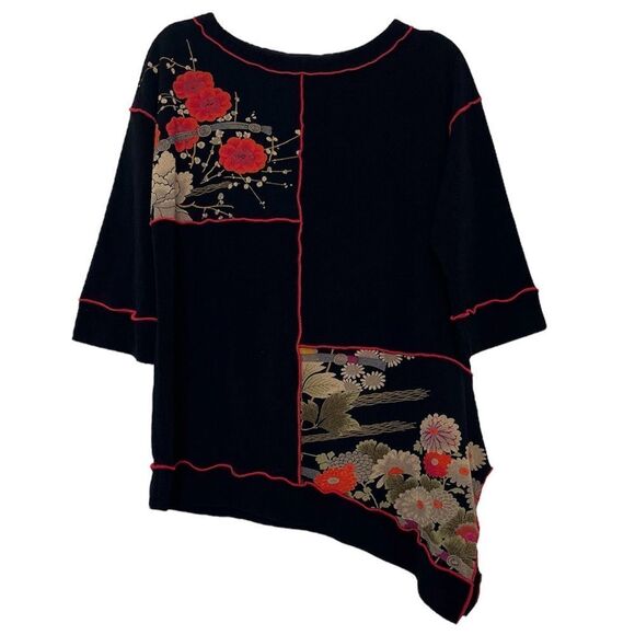 IC Connie K Lagenlook Asian Print Top Asymmetrical Artsy Black Red Blouse Medium - Picture 9 of 9